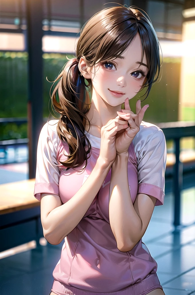 (masterpiece:1.2, top-quality), (realistic, photorealistic:1.4), beautiful illustration, (natural side lighting, movie lighting), 
looking at viewer, upper body, (front view), 1 girl, japanese, , perfect face, cute and symmetrical face, shiny skin, babyface, 
(middle hair:1.2, side ponytail, light brown hair), gold eyes, (large breasts:0.6, seductive thighs), 
beautiful hair, beautiful face, beautiful detailed eyes, beautiful clavicle, beautiful body, beautiful chest, beautiful thigh, beautiful legs, beautiful fingers, 
(Pink gym uniform, buruma,), 
(beautiful scenery), evening, sports hall, peace sign, (lovely smile, upper eyes), 