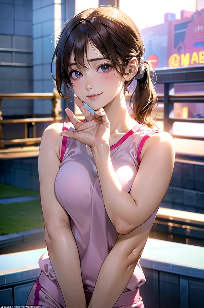 (masterpiece:1.2, top-quality), (realistic, photorealistic:1.4), beautiful illustration, (natural side lighting, movie lighting),
looking at viewer, upper body, (front view), 1 girl, japanese, , perfect face, cute and symmetrical face, shiny skin, babyface,
(middle hair:1.2, side ponytail, light brown hair), gold eyes, (large breasts:0.6, seductive thighs),
beautiful hair, beautiful face, beautiful detailed eyes, beautiful clavicle, beautiful body, beautiful chest, beautiful thigh, beautiful legs, beautiful fingers,
(Pink gym uniform, buruma,),
(beautiful scenery), evening, sports hall, peace sign, (lovely smile, upper eyes),