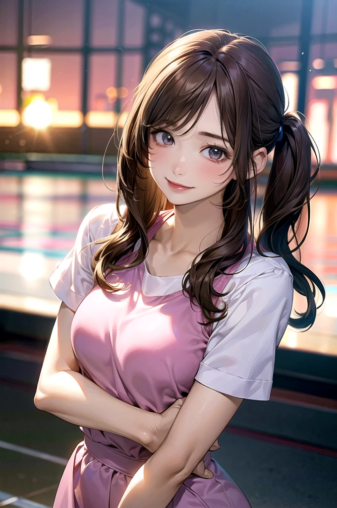 (masterpiece:1.2, top-quality), (realistic, photorealistic:1.4), beautiful illustration, (natural side lighting, movie lighting),
looking at viewer, upper body, (front view), 1 girl, japanese, , perfect face, cute and symmetrical face, shiny skin, babyface,
(middle hair:1.2, side ponytail, light brown hair), gold eyes, (large breasts:0.6, seductive thighs),
beautiful hair, beautiful face, beautiful detailed eyes, beautiful clavicle, beautiful body, beautiful chest, beautiful thigh, beautiful legs, beautiful fingers,
(Pink gym uniform, buruma,),
(beautiful scenery), evening, sports hall, peace sign, (lovely smile, upper eyes),