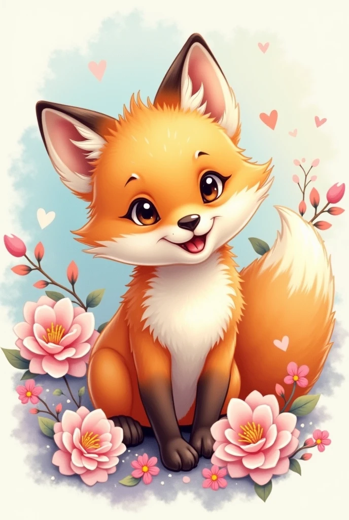 Generate a tattoo of a nine-tailed baby fox, tender and happy