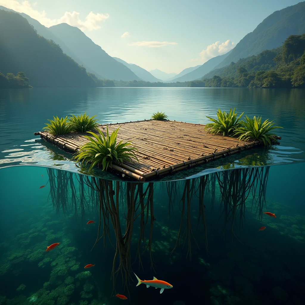 (photorealism:1.2)Une photo d'une plateforme carrée en bambou qui flotte sur le lac Atitlan. La moitié de la photo est sous l'eau et on voit des poissons qui nagent au milieu de racine Des plantes qui sont sur la plateforme. La plateforme fait 6x6 m et est recouverte de plantes