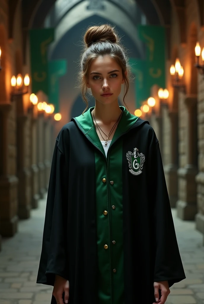 A Slytherin femboy with brown hair and a bun