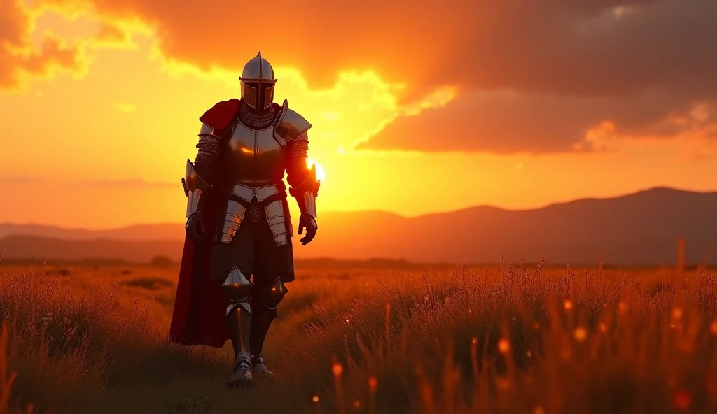 A highly realistic, high-contrast, 8K HD, detailed, hyper-detailed image of the protagonist, wearing a medieval knight's armor, walking towards the viewer across a vast grassland illuminated by the warm glow of a fiery sunset. The protagonist's face is fully visible beneath the helmet, showing determination and strength. The sky is ablaze with hues of orange and red, casting a dramatic light over the scene. The atmosphere is calm yet powerful, capturing the quiet resolve of the protagonist as he strides forward, his armor reflecting the soft, golden light of the setting sun. The image is of the highest quality, with ultra-high resolution, RAW photo quality, and Unreal Engine rendering, showcasing the protagonist as he moves with purpose across the sunset-lit grassland.

