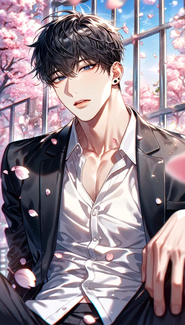 absurdres, highres, ultra detailed, HDR, master piece, best quality, extremely detailed face, delicated features, Kang Woojin, black hair, messy hair, expressive dark blue eyes, Love Jinx, solo, sexy man sitting, handsome, sensual, uniform, black jacket, white shirt, unbuttoned, black piercings, black pants, cherry blossoms, pink flowers, pink butterflies, pink petals, school, school gate