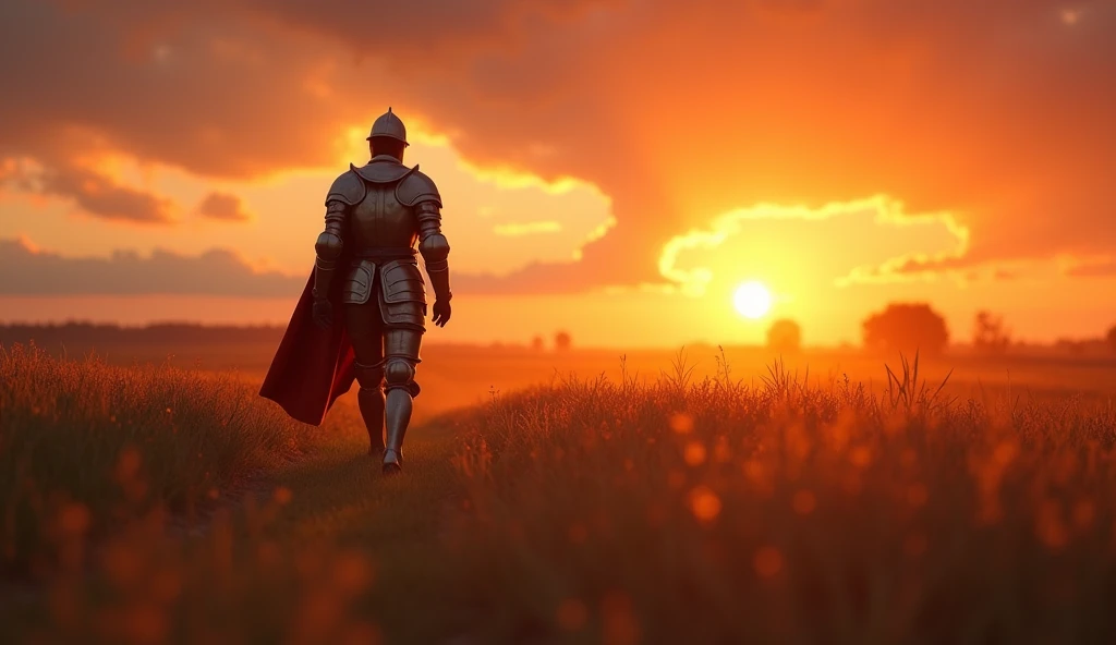 A highly realistic, high-contrast, 8K HD, detailed, hyper-detailed image of the protagonist, wearing a medieval knight's armor, walking towards the viewer across a vast grassland illuminated by the warm glow of a fiery sunset. The protagonist's face is fully visible beneath the helmet, showing determination and strength. The sky is ablaze with hues of orange and red, casting a dramatic light over the scene. The atmosphere is calm yet powerful, capturing the quiet resolve of the protagonist as he strides forward, his armor reflecting the soft, golden light of the setting sun. The image is of the highest quality, with ultra-high resolution, RAW photo quality, and Unreal Engine rendering, showcasing the protagonist as he moves with purpose across the sunset-lit grassland.
