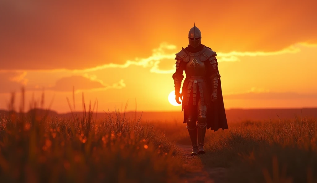 A highly realistic, high-contrast, 8K HD, detailed, hyper-detailed image of the protagonist, wearing a medieval knight's armor, walking towards the viewer across a vast grassland illuminated by the warm glow of a fiery sunset. The protagonist's face is fully visible beneath the helmet, showing determination and strength. The sky is ablaze with hues of orange and red, casting a dramatic light over the scene. The atmosphere is calm yet powerful, capturing the quiet resolve of the protagonist as he strides forward, his armor reflecting the soft, golden light of the setting sun. The image is of the highest quality, with ultra-high resolution, RAW photo quality, and Unreal Engine rendering, showcasing the protagonist as he moves with purpose across the sunset-lit grassland.