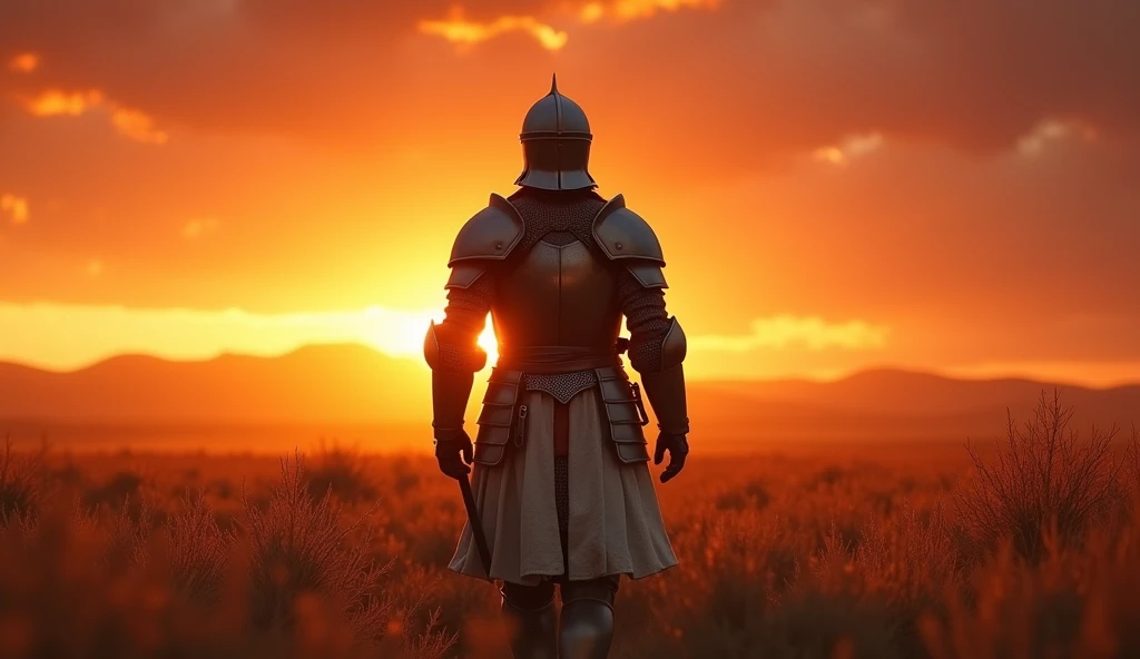 A highly realistic, high-contrast, 8K HD, detailed, hyper-detailed image of the protagonist, wearing a medieval knight's armor, walking towards the viewer across a vast grassland illuminated by the warm glow of a fiery sunset. The protagonist's face is fully visible beneath the helmet, showing determination and strength. The sky is ablaze with hues of orange and red, casting a dramatic light over the scene. The atmosphere is calm yet powerful, capturing the quiet resolve of the protagonist as he strides forward, his armor reflecting the soft, golden light of the setting sun. The image is of the highest quality, with ultra-high resolution, RAW photo quality, and Unreal Engine rendering, showcasing the protagonist as he moves with purpose across the sunset-lit grassland.