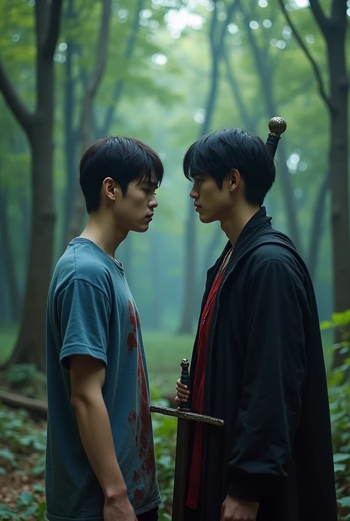Jeon Jungkook and Kim Taehyung are in a forest. They are facing each other. There is a distance between them. Jungkook's eyes are full of tears. Jungkook is wearing a blue t-shirt and it is dirty. Taehyung is wearing black clothes. Taehyung has a black cloak on. A sword has pierced Taehyung's back and come out of his chest. Taehyung is covered in blood. The tip of the sword coming out of Taehyung&#39;s chest extends to Jungkook&#39;s front. Jungkook is looking at the sword. Taehyung is reaching out his hand towards Jungkook.