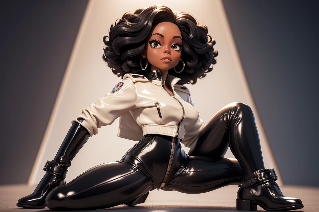 obra prima, melhor qualidade, ((only one woman,)) ((diana ross, dark black skin,)) erect cone tits, ((wearing shiny cream leather biker moto jacket,)) ((jacket has padded shoulders, jacket has stiff high collar,)) (((wearing shiny cream leather pants,))) (((pants unzipped showing pussy,))) body is very skinny, ((sitting back, legs spread,)) ((camera front view of body,)) shallow depth of field, highres, HD, 8k, anatomically correct