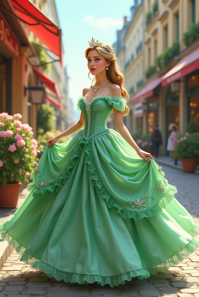 Paris green, old-fashioned dress, petticoats, hoop skirt, crinoline, XIX century, Disney princess