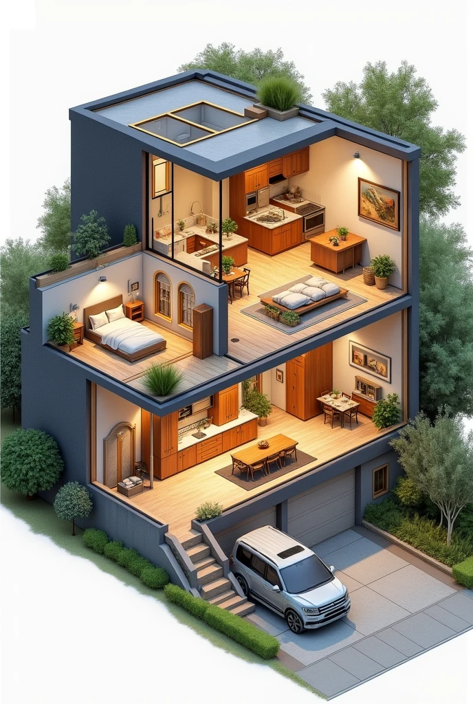 HOUSE IMAGE WITH CROSS SECTION,                                                         WHERE IT IS OBSERVED ON THE FIRST FLOOR BATHROOM,  LAUNDRY, bedroom AND A BALCONY AND ON THE SECOND FLOOR KITCHEN,  dining room, living room,  PARKING AND A TERRACE