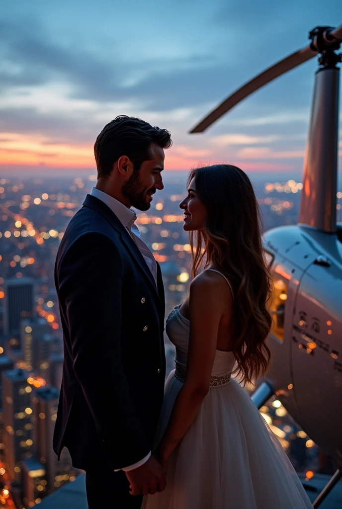 Mr. Gray invites Anastasia on a date, he is standing near a helicopter on a helipad on top of a skyscraper in New York. The plot of the film 50 shades of gray. Helipadb helicopter, Mr. Gray at the helicopter meets a girl who is walking forward on the helipadb angle of the girl from the backb long hair. Helicopter, helipad, a man stands near a helicopter, invites a girl to land. romantic date on helicopter pot.