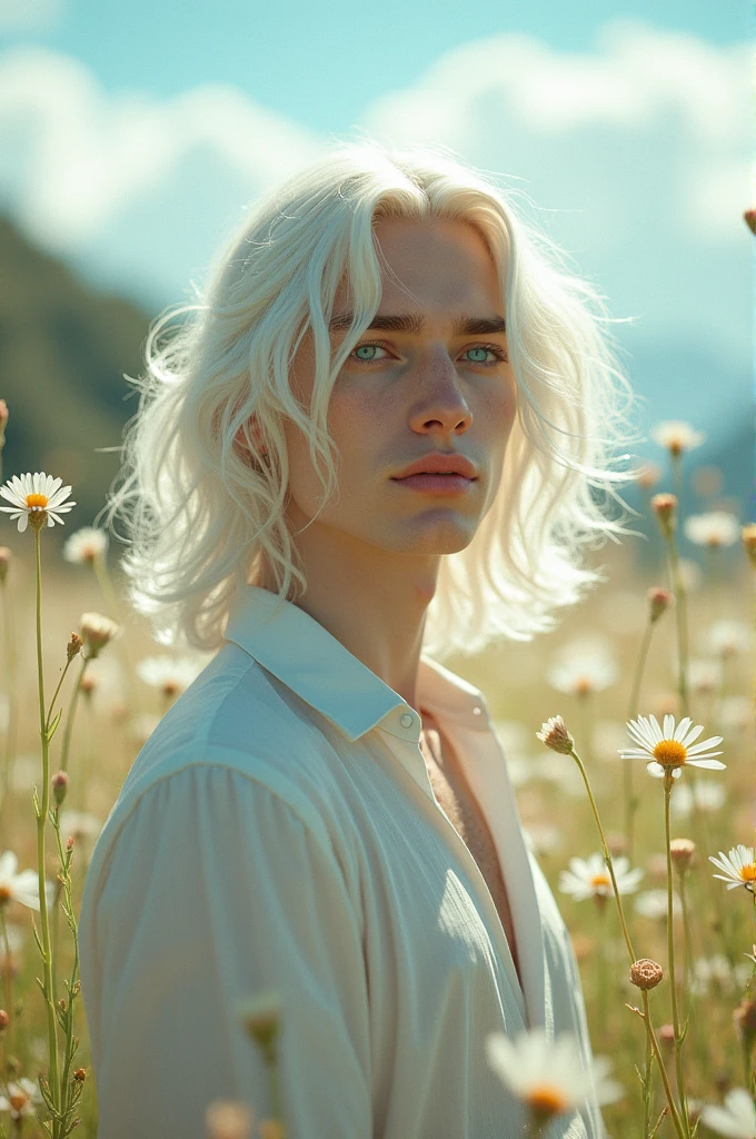 Young man with medium length white hair, very pale skin, faded blue eyes, slightly tinted lips, Fine features, elegant and tall.