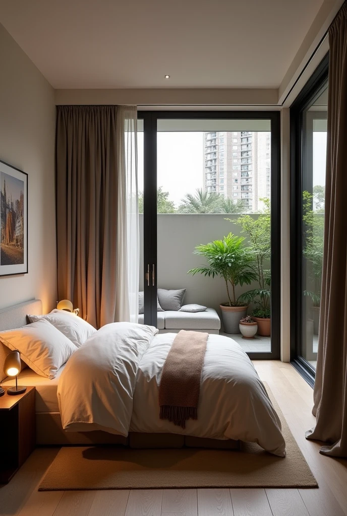 This is a double bedroom in an apartment that measures 2.8 x 3.7 m, This floor has a height of 2.65m. it only has one partition, the bedroom patio measures 1.6 x 2.2 m, this patio is enclosed space, there are also more apartments on the following floors of this same room. I want you to show the view from inside the room