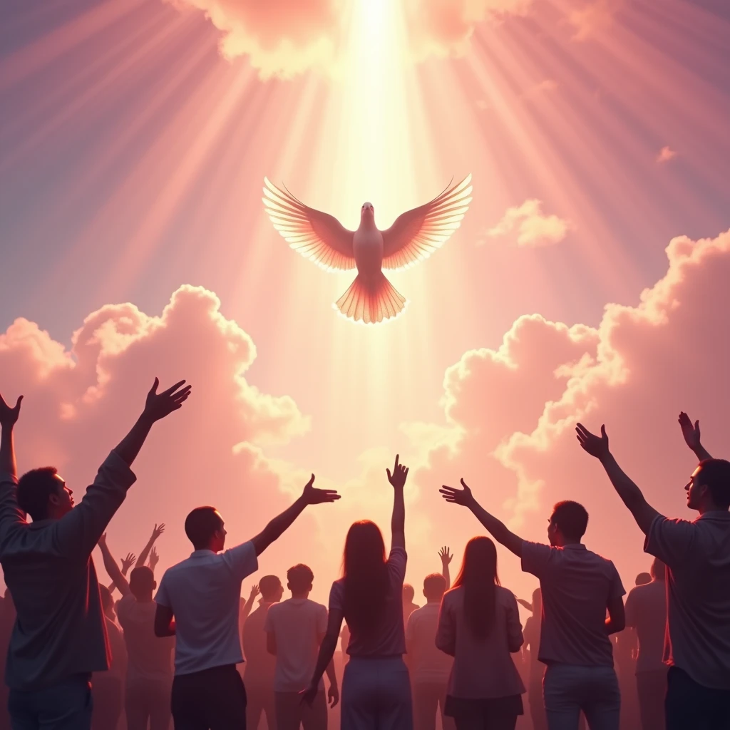 Create an image of a dove of the Holy Spirit above the clouds and a pink sky, with people below worshipping.