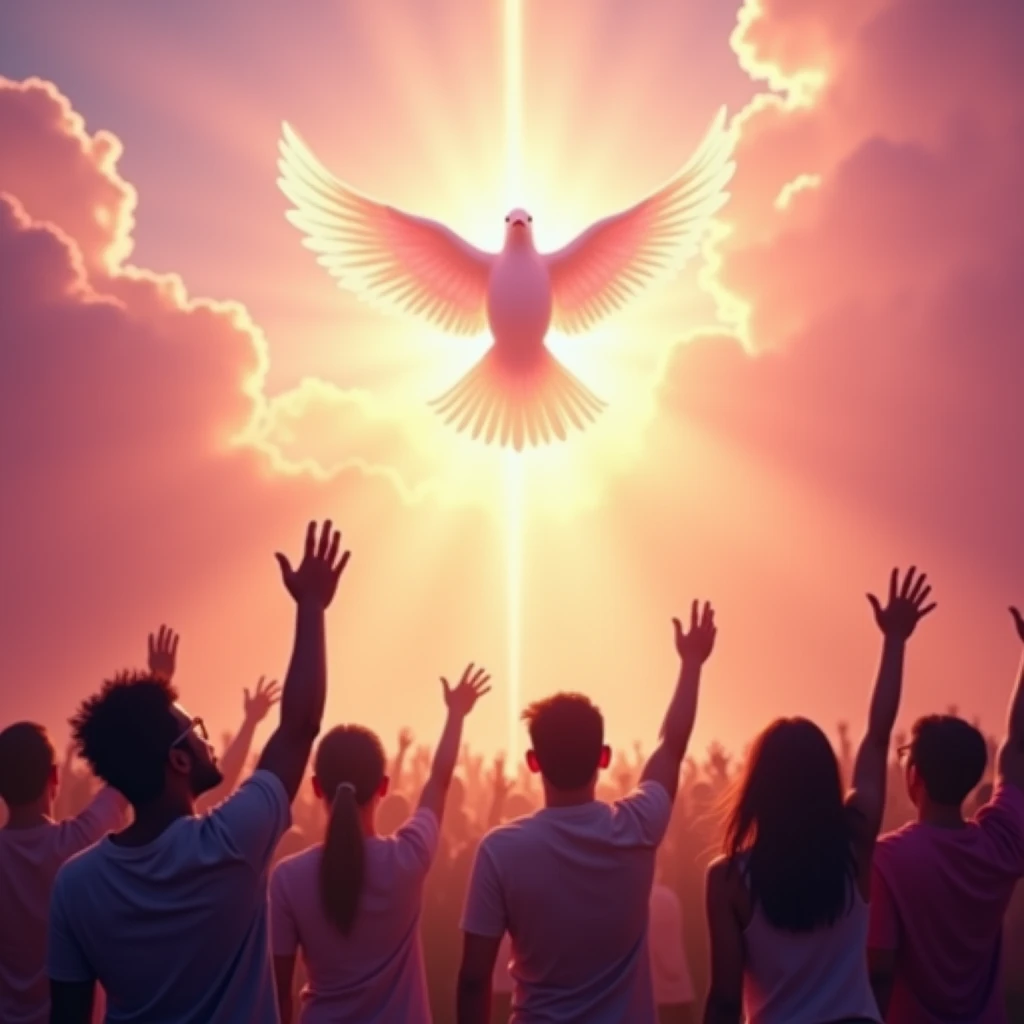 Create an image of a dove of the Holy Spirit above the clouds and a pink sky, with people below worshipping.
