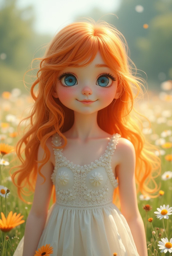 Orange haired girl, white skin, blue eyes, cute smile, clothes white