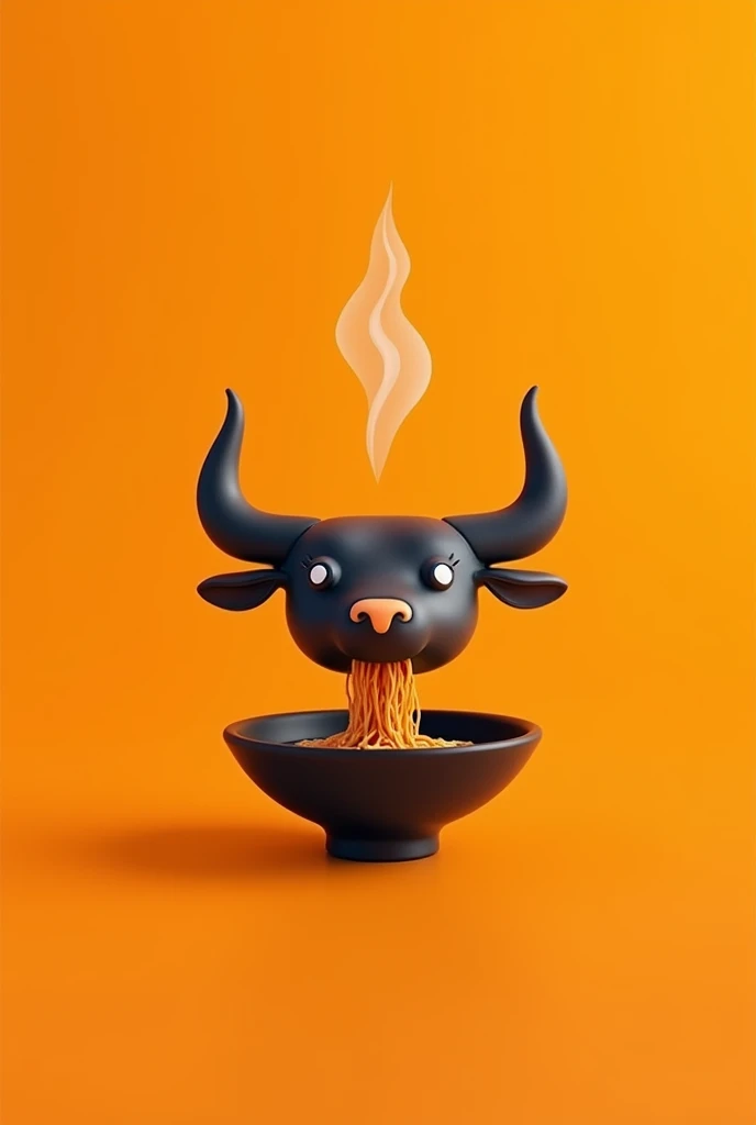 minimalist logo, floating bull head eating ramen, winking, on an orange background.
