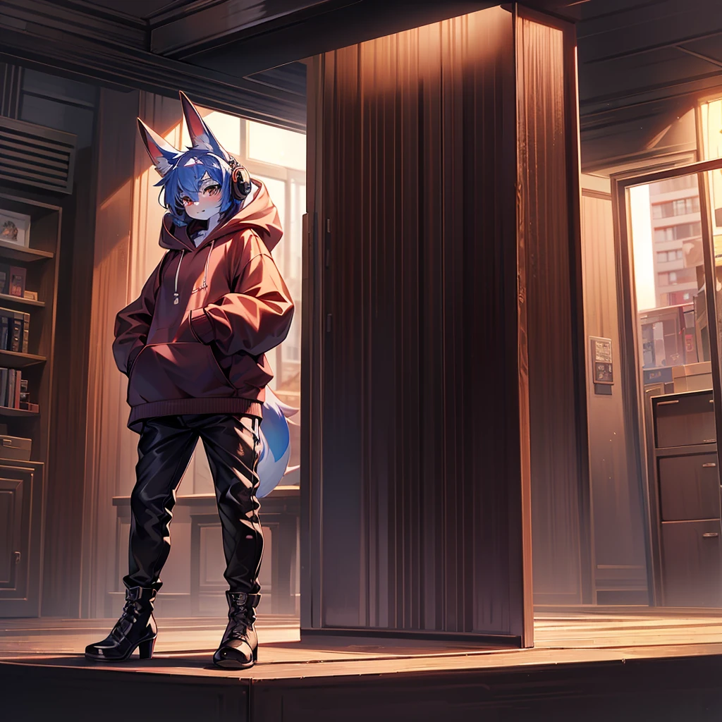 whole body,solo,posture:Standing,front,ショタ,オオカミ,headphone,hoodie,pants,Knee-high boots,Stiletto heels,