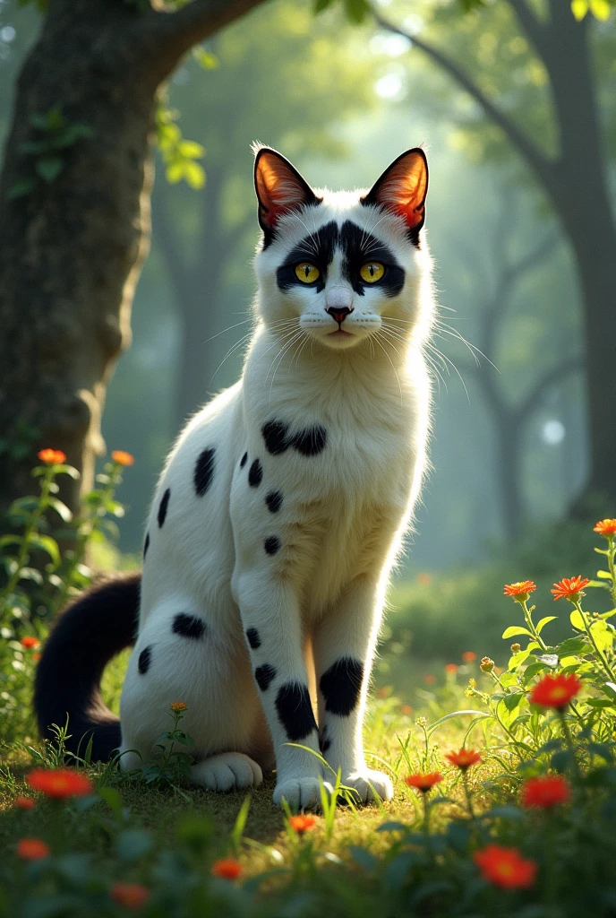 Warrior cats she cat with yellows eyes and a big black splotch around her eyes long white fur black splotches all over her body and a long black tail