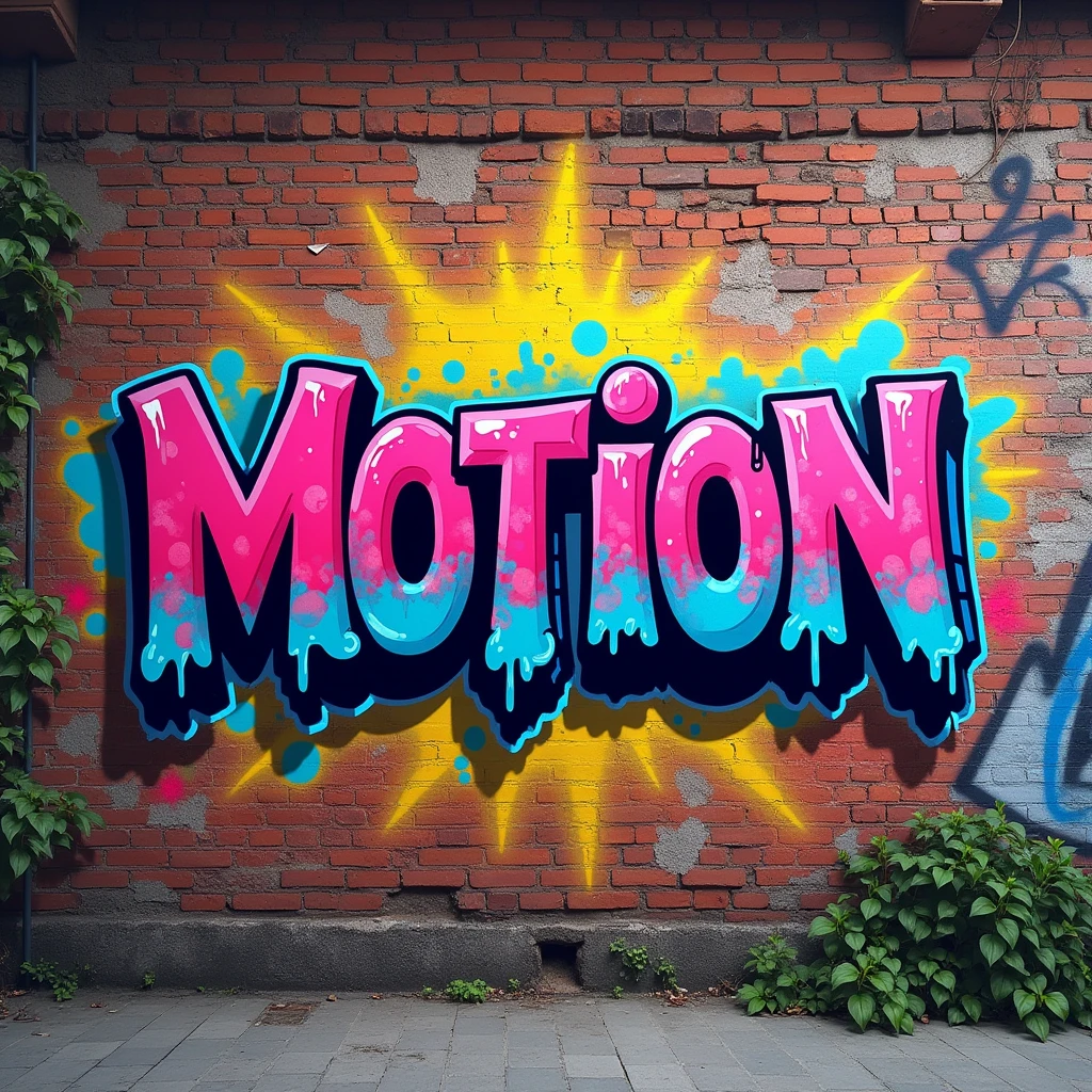 name MOTION written in street graffiti style paint without any people, photo in digital art mode