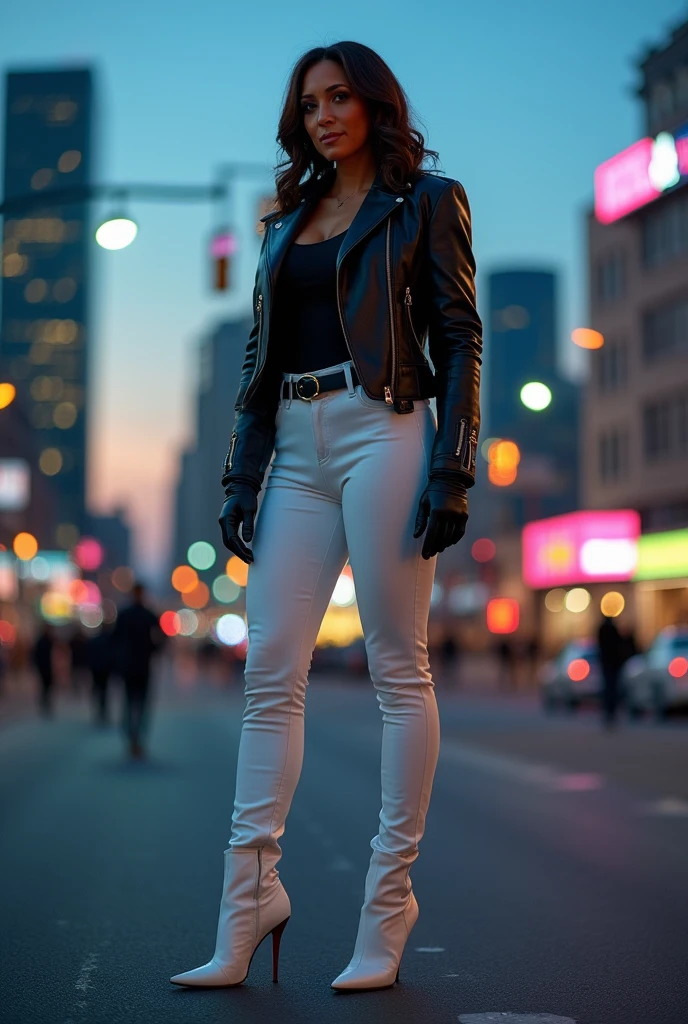 Kamala Harris in leather thigh high boots, white pants, long gloves