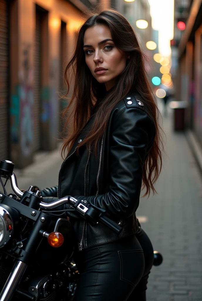 A beautiful woman in leather jacket