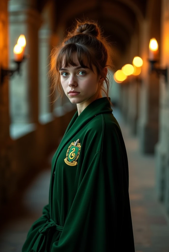 A feminine Slytherin boy with brown hair and a bun