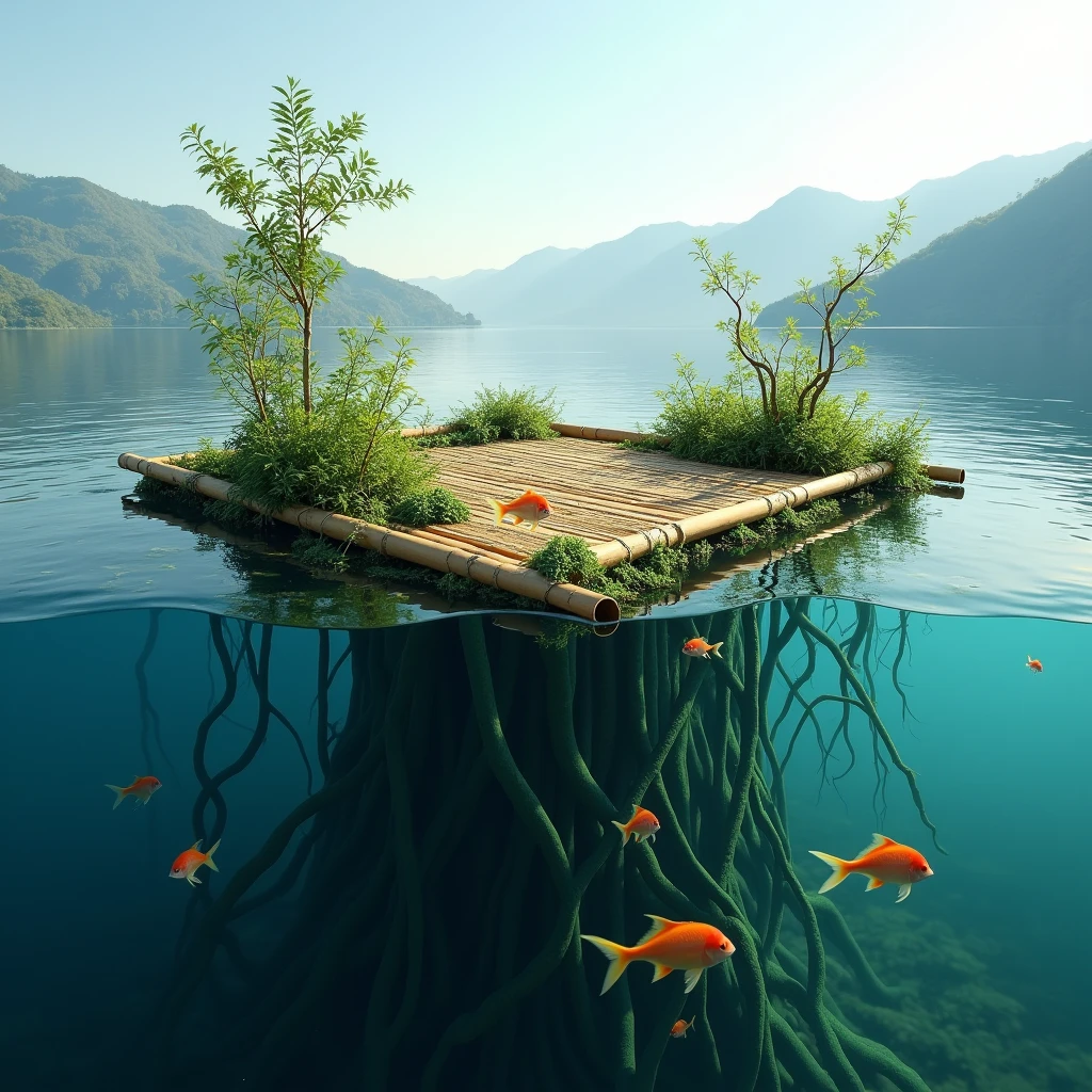 (photorealism:1.2)Une photo d'une plateforme carrée en bambou qui flotte sur le lac Atitlan. La moitié de la photo est sous l'eau et on voit des poissons qui nagent au milieu de racine Des plantes qui sont sur la plateforme. La plateforme fait 6x6 m et est recouverte de plantes luxuriante