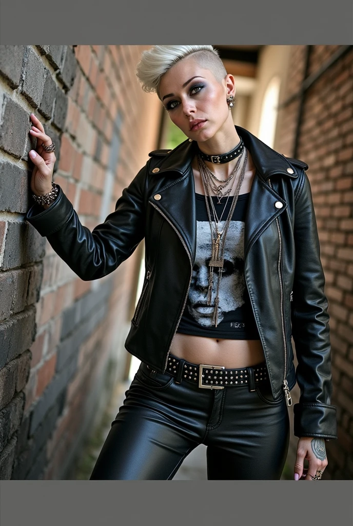 Old russian milf, platinum blonde hair in pompadour style with shaved sides, with very light blue eyes, pale, lots of eye shadows. Wearing black moto jacket, cropped rock t-shirt, black leather jeans and white tennis sneakers. Bullet belt, lots of rings and studded bracelets , tattoed. Very scared, trying to hide