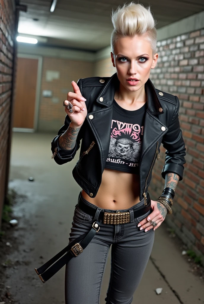 Old russian milf, platinum blonde hair in pompadour style with shaved sides, with very light blue eyes, pale, lots of eye shadows. Wearing black moto jacket, cropped rock t-shirt, black leather jeans and white tennis sneakers. Bullet belt, lots of rings and studded bracelets , tattoed. Very scared, trying to hide