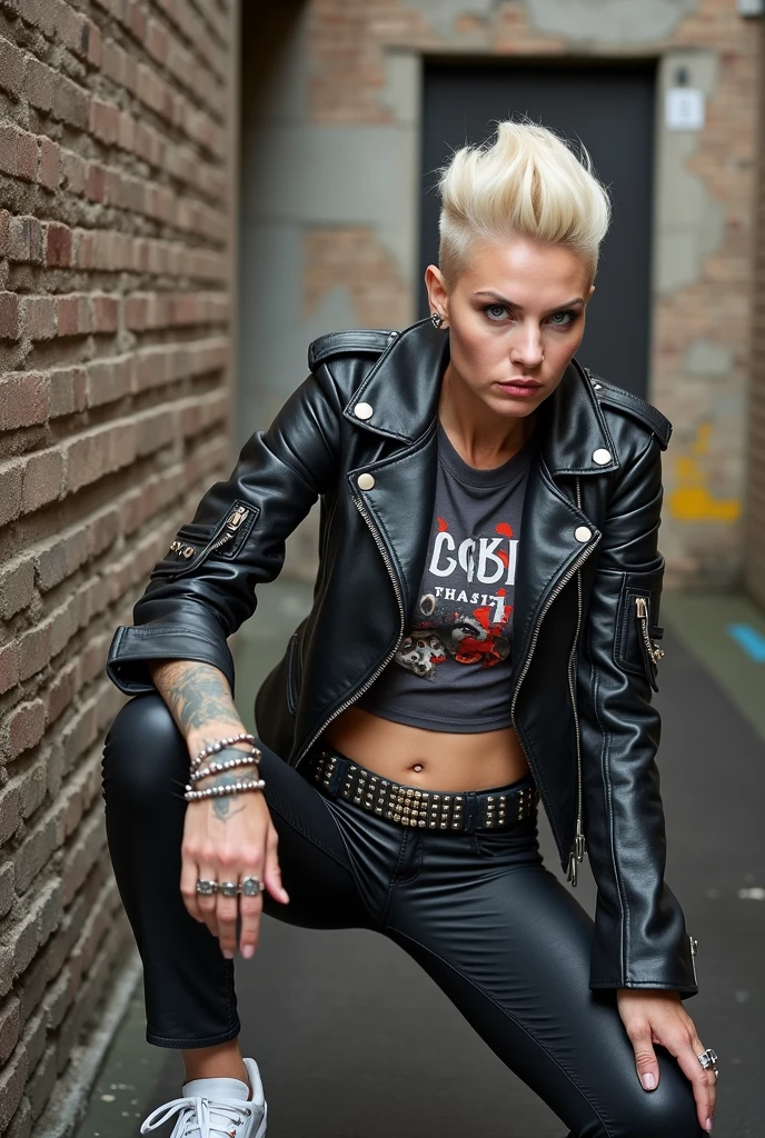 Old russian milf, platinum blonde hair in pompadour style with shaved sides, with very light blue eyes, pale, lots of eye shadows. Wearing black moto jacket, cropped rock t-shirt, black leather jeans and white tennis sneakers. Bullet belt, lots of rings and studded bracelets , tattoed. Very scared, trying to hide