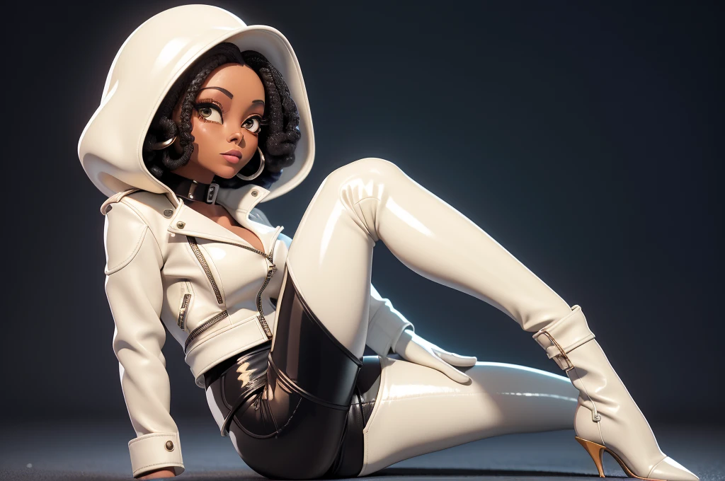 obra prima, melhor qualidade, ((only one woman,)) ((diana ross, dark black skin,)) erect cone tits, ((wearing shiny cream leather biker moto jacket,)) ((jacket has padded shoulders, jacket has stiff high collar,)) (((wearing shiny cream leather pants,))) (((pants unzipped showing pussy,))) body is very skinny, ((sitting back, legs spread,)) ((camera front view of body,)) shallow depth of field, highres, HD, 8k, anatomically correct