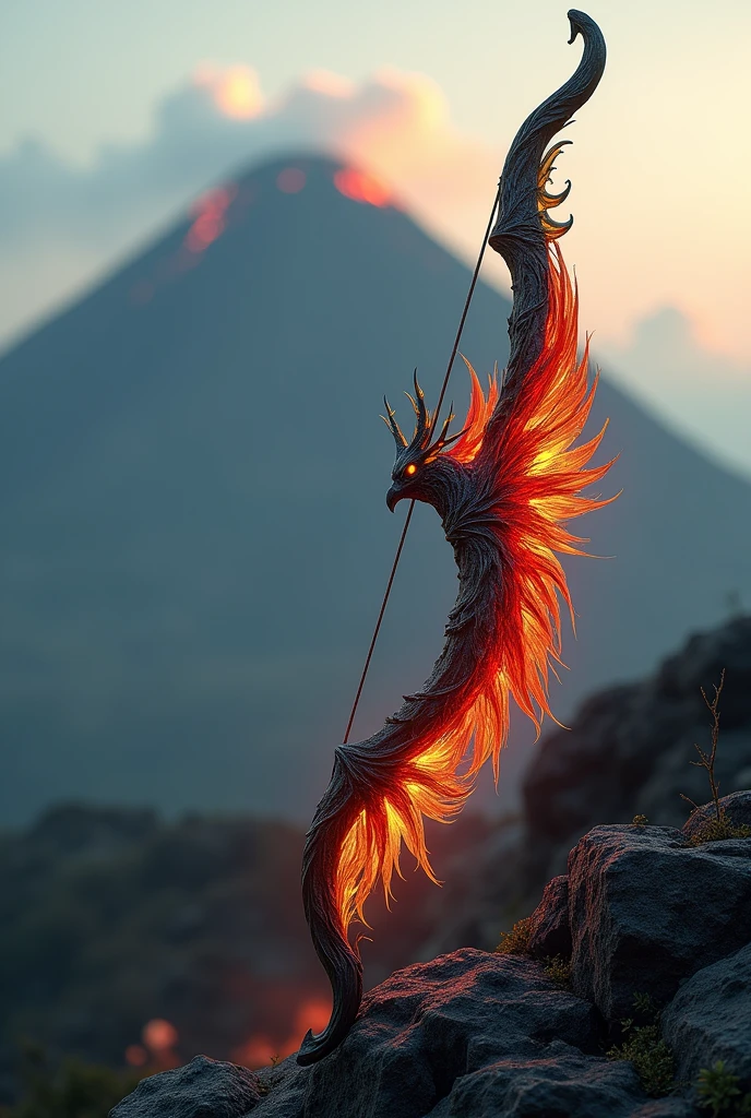 Draw a magic bow called Imperious Phoenix, made with burned wood and phoenix feathers. In the background a blurred inactive volcano. 8k, epic