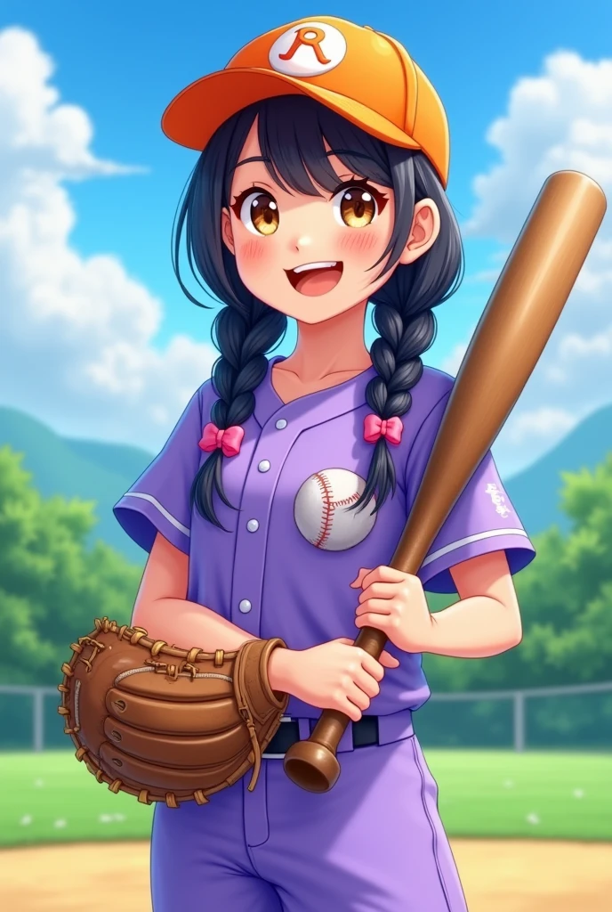 Korean young girl with light pink and light blue braided hair. Wearing orange baseball hats. With Brown eyes. Wearing a purple baseball uniforms holding a bat, glove and baseball.