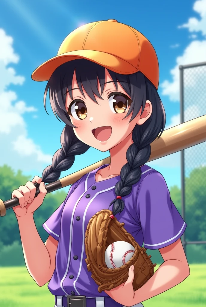 Korean young girl with light pink and light blue braided hair. Wearing orange baseball hats. With Brown eyes. Wearing a purple baseball uniforms holding a bat, glove and baseball.