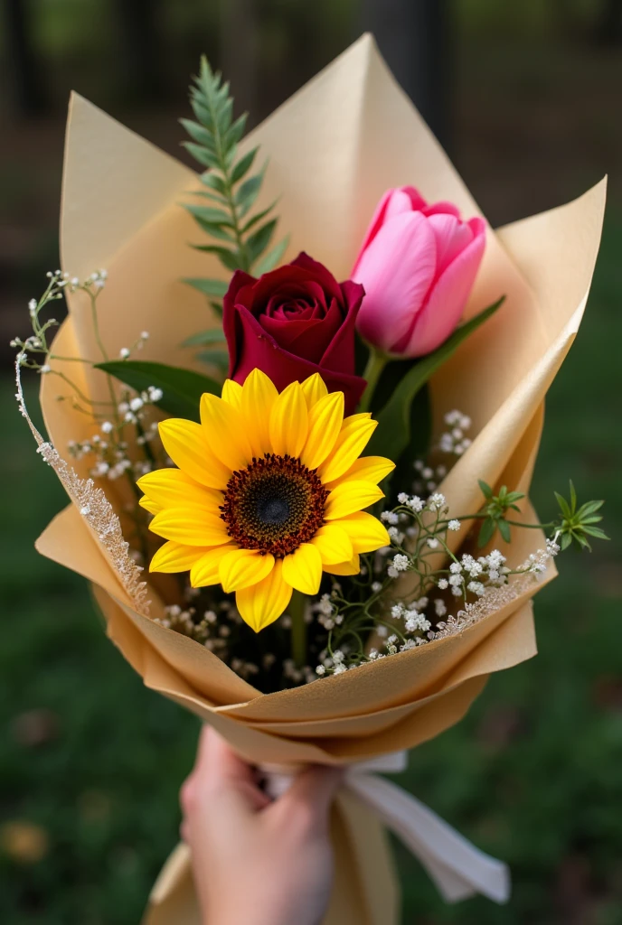 A Bouquet wrapping with only one sunflower only one rose, only one tulip. Just one each flower. Make the wrapping more beautiful. Make the tulip taller. Do not include fillers