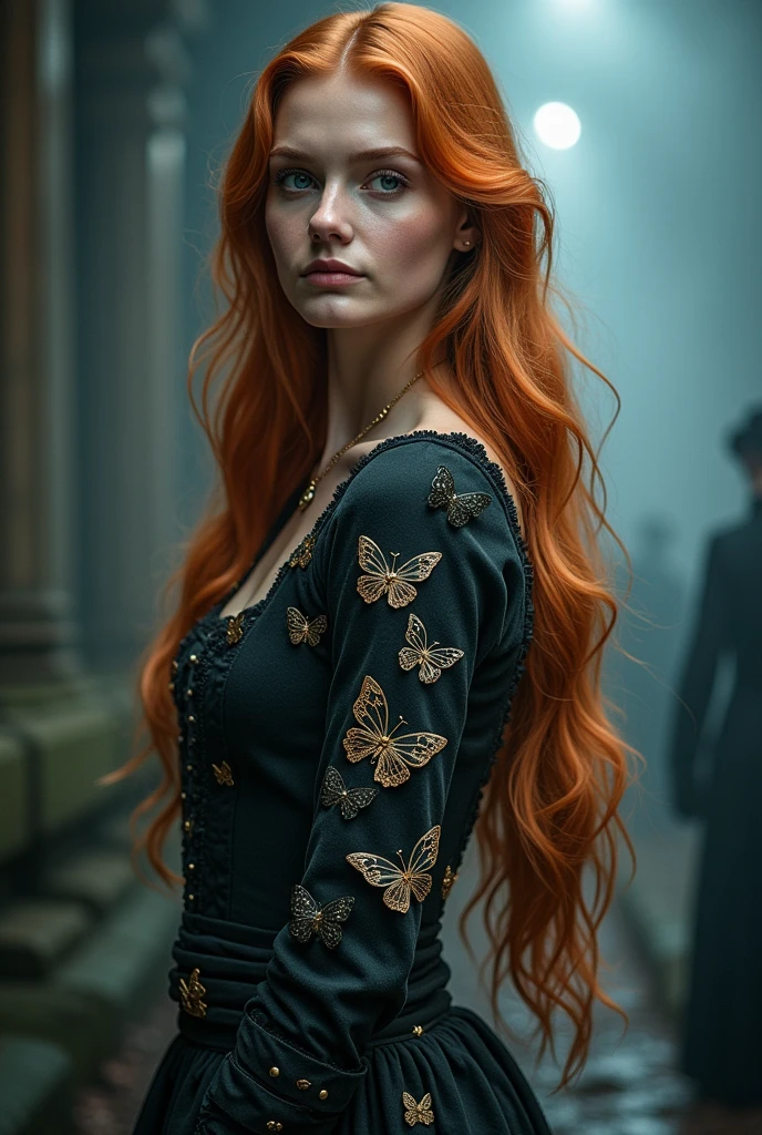(solo, full body photo:1.3), (action packed:1.3), (haze, fog, mist:1.3), chiaroscuro, best quality, photorealistic, 1woman, (cute), (24yo:1.2), redhead, long ginger hair highly detailed, 1700'S, digital photography, art by artgerm and ruan jia and greg rutkowski surreal painting gold butterfly filigree, broken glass, (masterpiece, sidelighting, finely detailed Fashionable eyes: 1.2) (perfect oval large eyes that gazes at the viewer), beautiful detailed face, blue gorgeous perfect eyes, (blonde hair ponytail), (attractive young woman:1.3), (thick amazing hair), (seductive:1.1), (blushing:1.1)