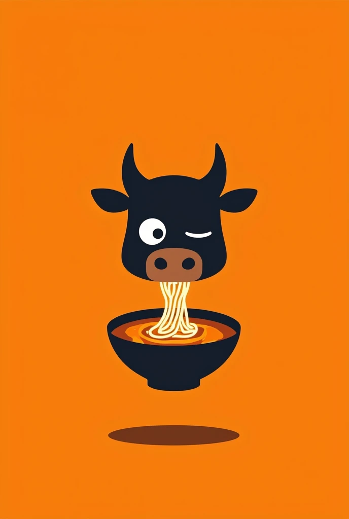 minimalist logo, floating bull head eating ramen, winking, on an orange background.