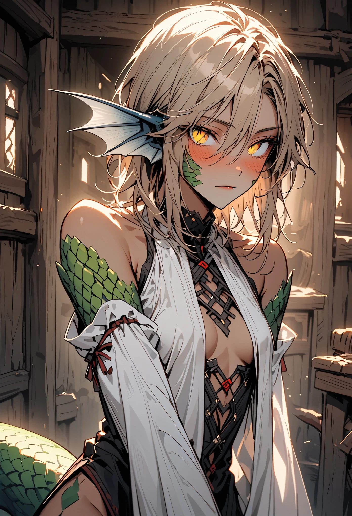 male:1.5, solo, very tall, large, human face:1.4, very slim waist, fit, short messy light brown hair, yellow eyes, slit pupils, lizard tail, scale claws, scales on arms:0.5, light tan skin, broad shoulders, clean shaven, reptilian head fins, blush, fit arms:0.7, cabin indoors, bare shoulders, simple white shirt, revealing clothes, medieval, feminine male, adult