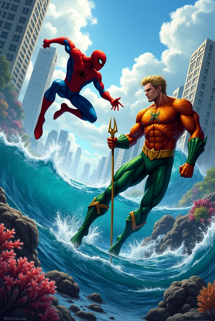 Spider-Man versus Aquaman in JLU animated series style
