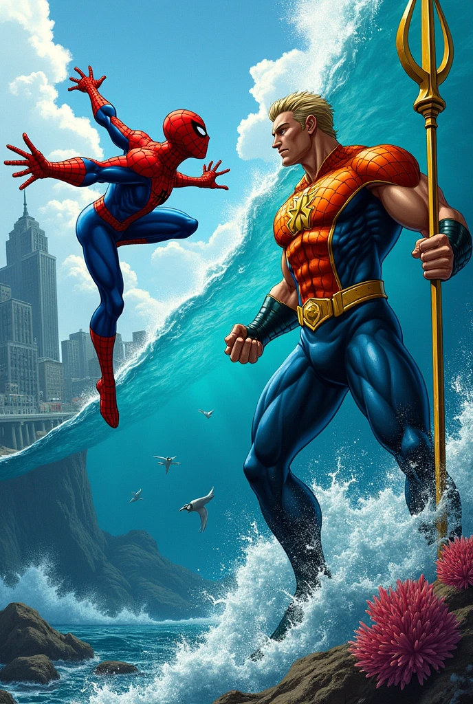 Spider-Man versus Aquaman in JLU animated series style