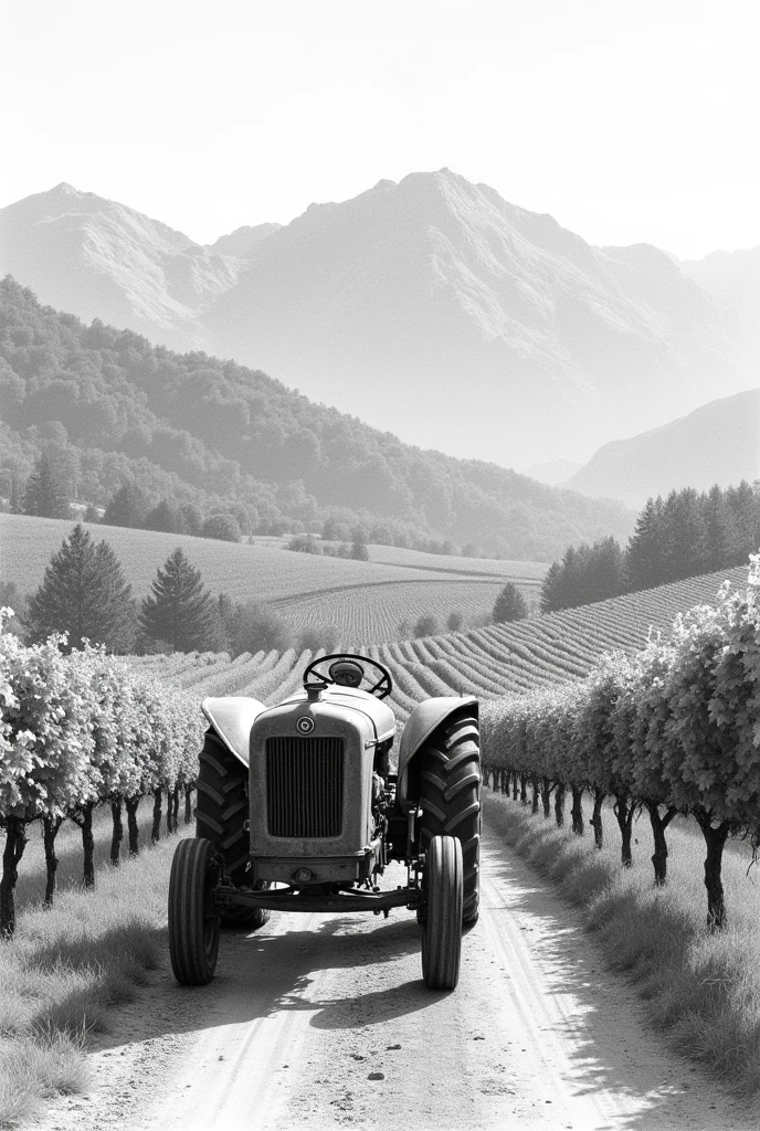 A pencil drawing of a tractor entering a vineyard from afar, with mountains in the background