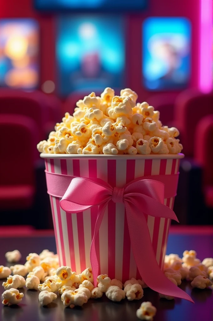 Movie theater popcorn with a pink ribbon