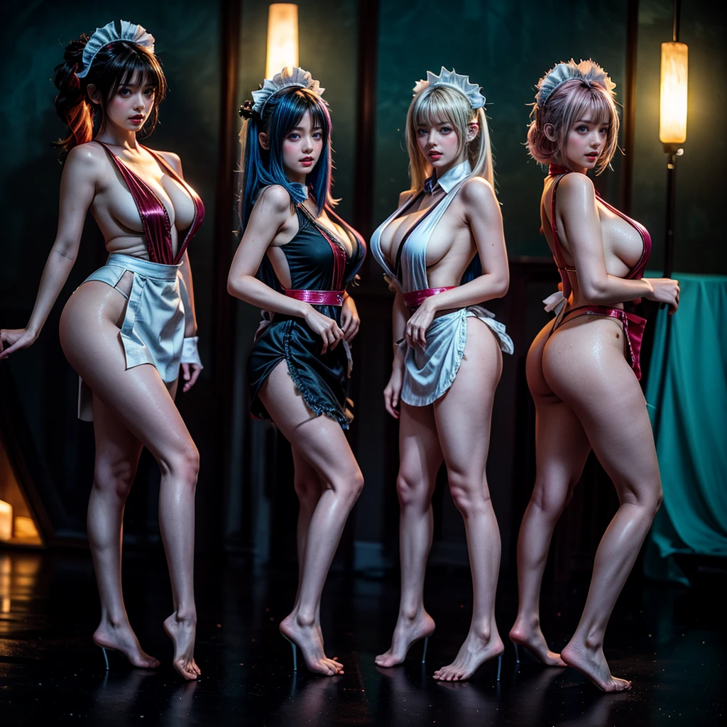 (Full Body of Extremely Detailed((Sexy Maid Group in a row:1.37))), KAWAII perfect face, Reflective Eyes, Detailed(Delicate Clothing textures), Correct Leg Line, Dynamic Joyful Expressions LifeLike Rendering, Specular Reflection, TopQuality 8K Ultra-detailed masterpiece (ProfessionalPhoto:1.37), (Acutance:0.8), (Luminism:1.28), Renaissance art style, Colorful Light particles, ((Full body from side)), {MicroMini Skirt|Kissing|Breast Lifting|Undressing|Thigh Gap|AssFocus|(NakedApron with Overflowing SideBoob)}, Radiant Fine Skin with Transparency, (Exposed:0.4), (Different types of Anime hair color){Pink Hair|Blue Hair|Platinum Blonde|Pure White Hair|Liquid Hair}, Perfect Lighting