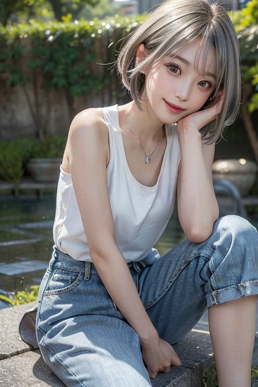 Best image quality、超High resolution、Tabletop、Photo quality(Realistic:1.8)、pores、Accuracy、Japanese women、cuteえくぼ、Young Face、cute、Short Bob、Slender、Small breasts、 Flat Chest、To the camera、Turn your body forward、Gravure Beautiful Girl、Sit on a bench、((whole body))、Grass、garden、Blue Tank Top、Slim pants、White sneakers、blue sky、White cloud、Light of the sun、Reflective plate、Navy blue、 protrude、Laughing with your mouth open、White teeth、Happily、Look straight ahead、((whole bodyが写った写真)),(Surreal) , (Like the picture:1.4),(Increase the resolution), (8k), (Very detailed), (Beautiful and detailed), (Highest quality), (Very detailedな), (masterpiece), (wallpaper), (Detailed face), alone,1 person, perfect beautiful japanese woman:1.4、19 years old、Looking at the audience, Subtle details, Detailed face, cloudy, Deep Shadow, A kind smile,((Short Hair Silver Color Mesh)),My hair is messy,necklace,Pin on right ear,Attractive face, Mid-chest, 24mm, 4K Textures, Soft cinematic light, Adobe Lightroom, Photo Lab, High resolution, Complex, Very detailed, Sharp focus, Calm tone, Insane Details, Complex details, Very detailedな, Low contrast, Soft cinematic light, Exposure Blending