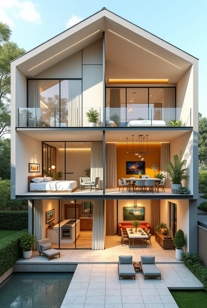 HOUSE IMAGE WITH CROSS SECTION,                                                         WHERE IT IS OBSERVED ON THE FIRST FLOOR BATHROOM,  LAUNDRY, bedroom AND A BALCONY AND ON THE SECOND FLOOR KITCHEN,  dining room, living room,  PARKING AND A TERRACE
