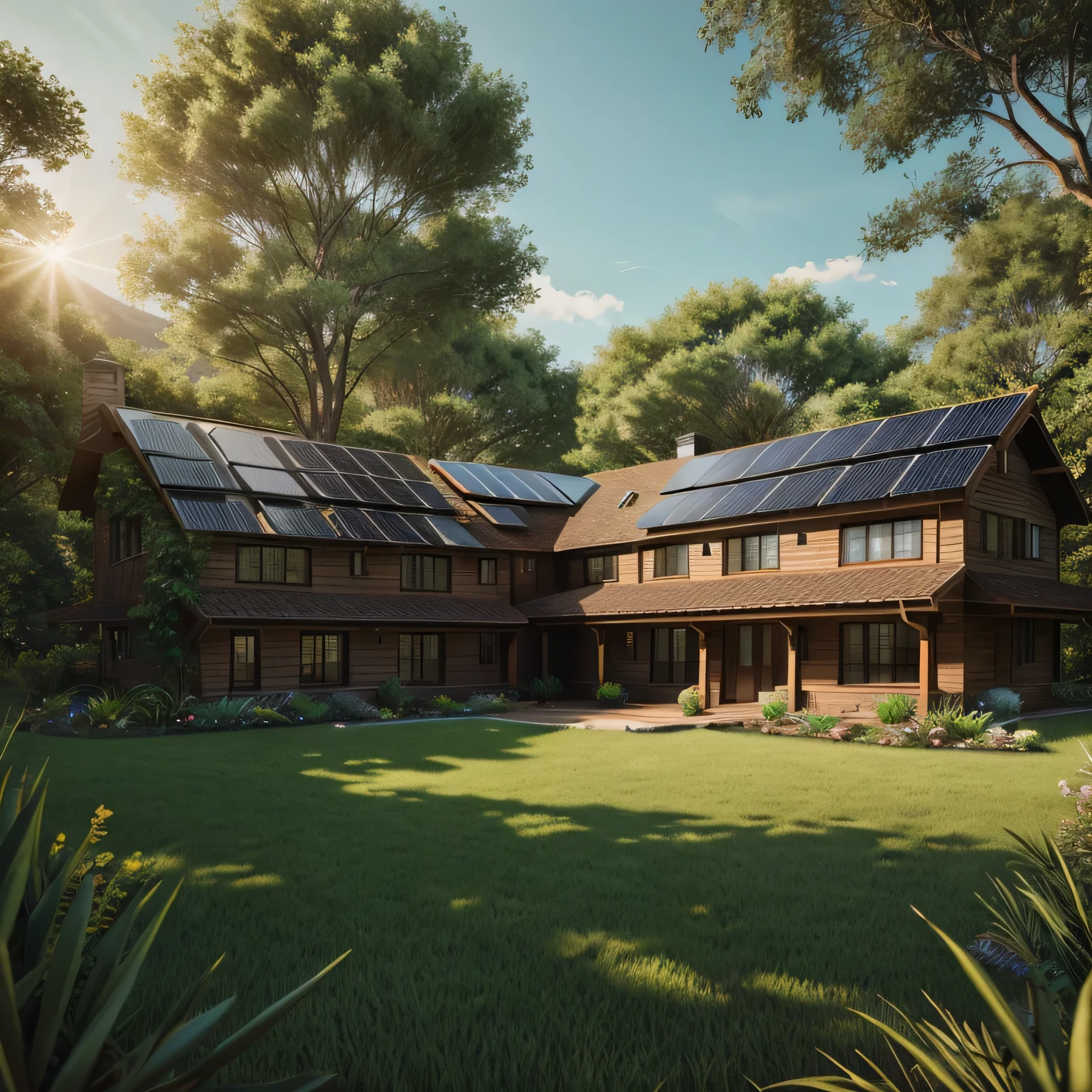 4 big solar panels on house in beautiful nature, beautiful detailed landscape, detailed house exterior, photorealistic, highly detailed, 8k, dramatic lighting, cinematic, vivid colors, warm tones, natural environment, rolling hills, lush vegetation, sunlight streaming through trees, realistic textures, intricate details