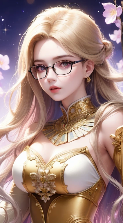 Wearing glasses,Gold frame round glasses, Wavy Hair、Long Hair、Long Hair、Soft Light,Sparkling eyes,Purple, captivating beauty、Attractive adult woman、Beautiful woman、Ultra-high resolution, Realistic,elegant,Grace Kelly,Elegance,actress,Beautiful Hair,Portrait facing the front、Golden Ratio,Highest quality,High resolution detail of human skin texture