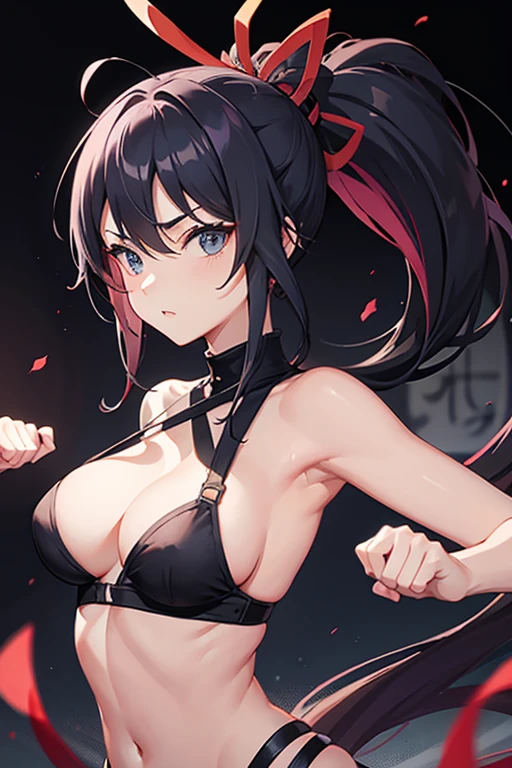 Female Ninja、Bare arms、Belly button、Sexy pose、Long Hair、ponytail、Exposed cleavage、Japanese style background